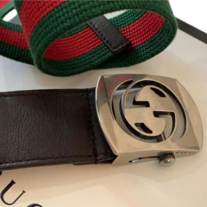 Gucci Signature Fabric & Leather Stripe Belt (Red/Green) - Dapper N Dame