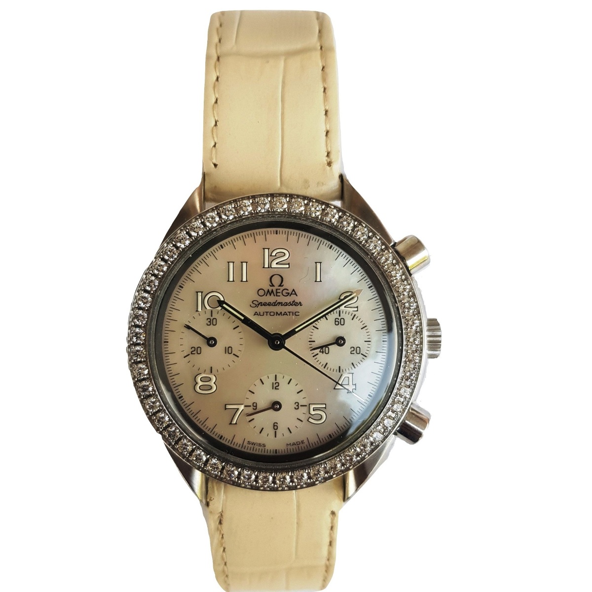 omega-speedmaster-mop dial-mother of pearl-3815.71.53-39mm-automatic-chrono-diamond bezel-jewellery watch-leather strap- ladies watch-sapphire crystal-swiss watch-preowned watches- unisex watch (2)