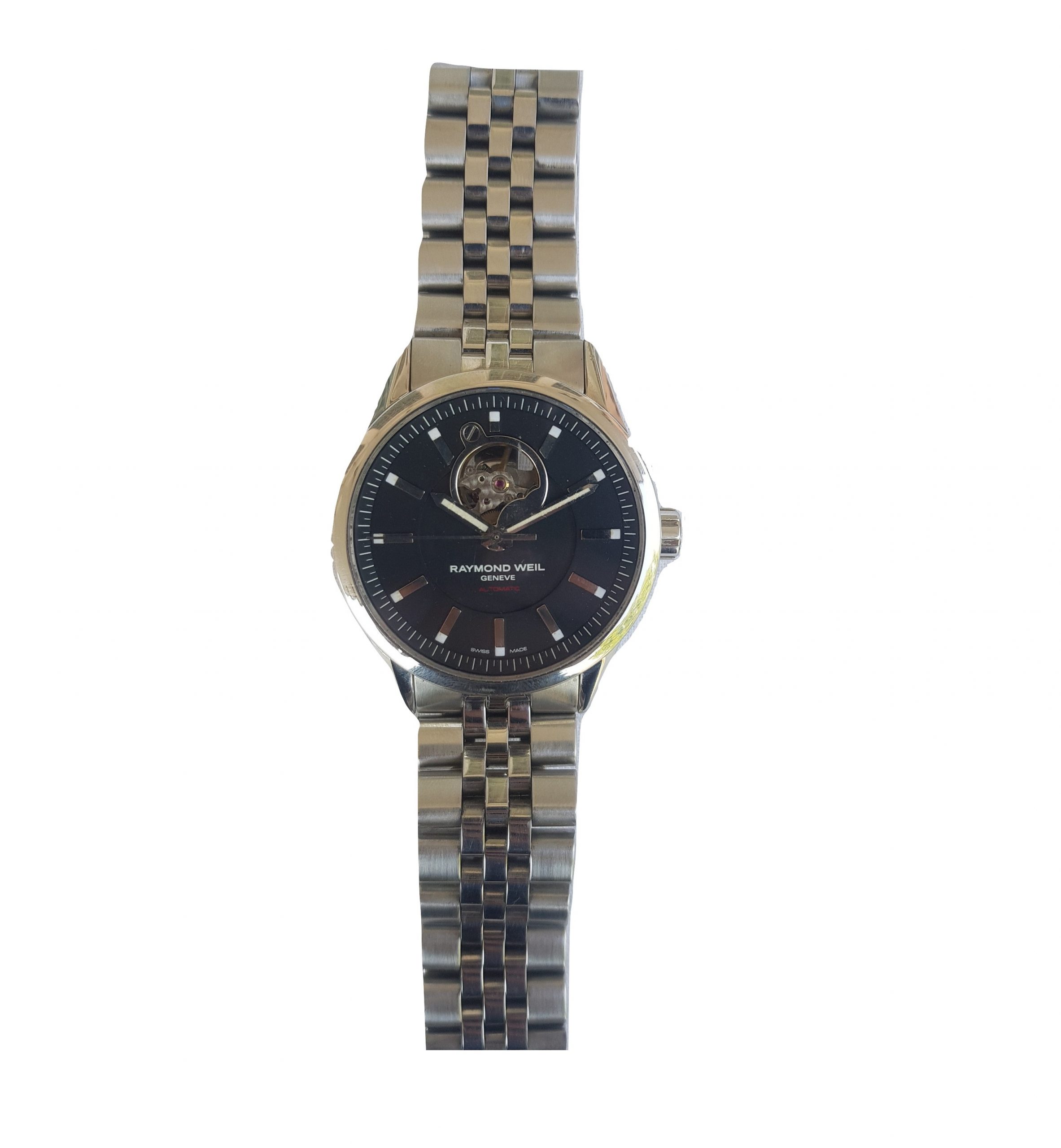 raymond weil-skeleton-42mm-2710-automatic-glass back-black dial-metal chain-mens watch-sapphire crystal-luxury watches-swiss watch-genuine watch-pre owned watch (3)