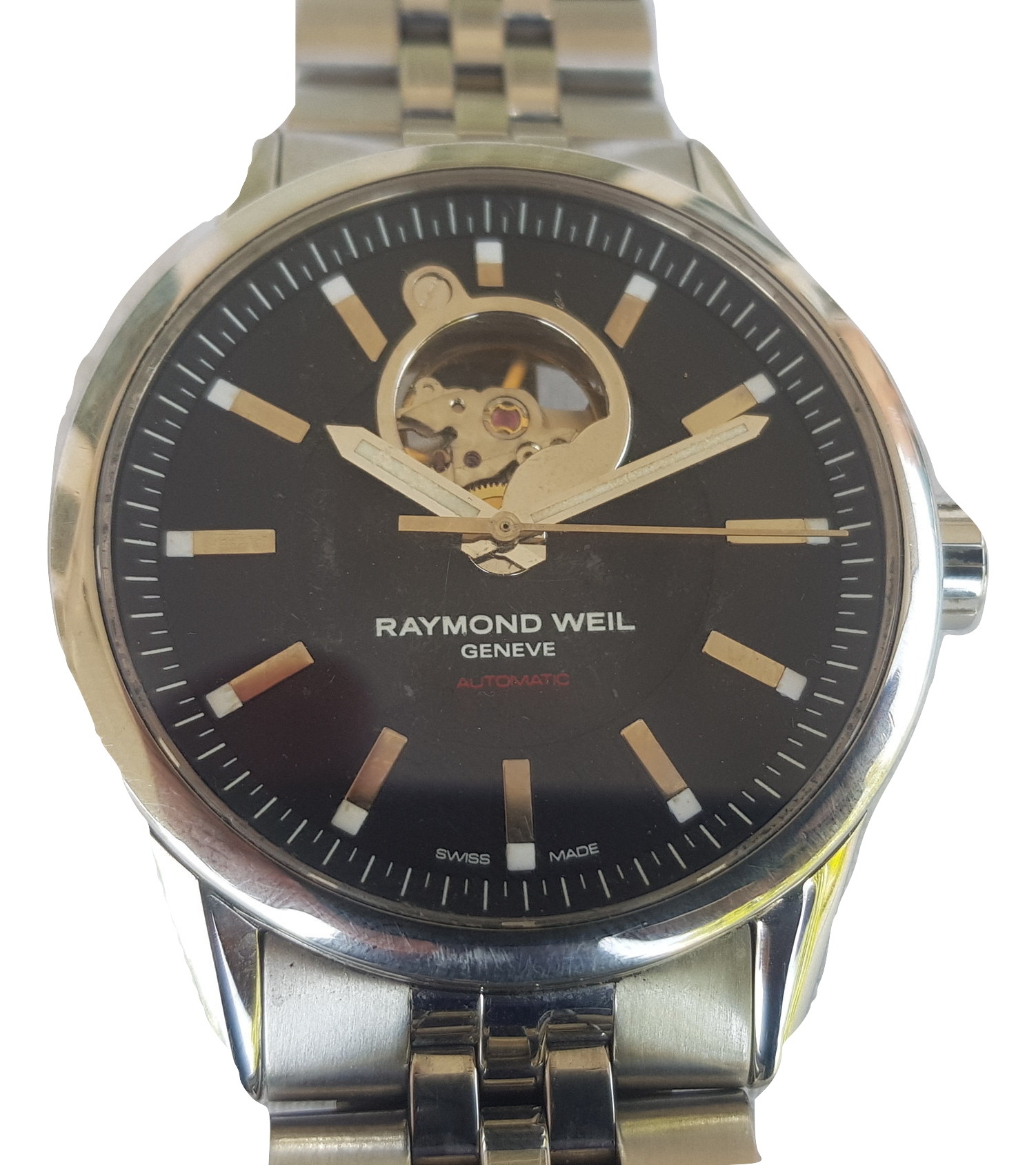 raymond weil-skeleton-42mm-2710-automatic-glass back-black dial-metal chain-mens watch-sapphire crystal-luxury watches-swiss watch-genuine watch-pre owned watch (4)