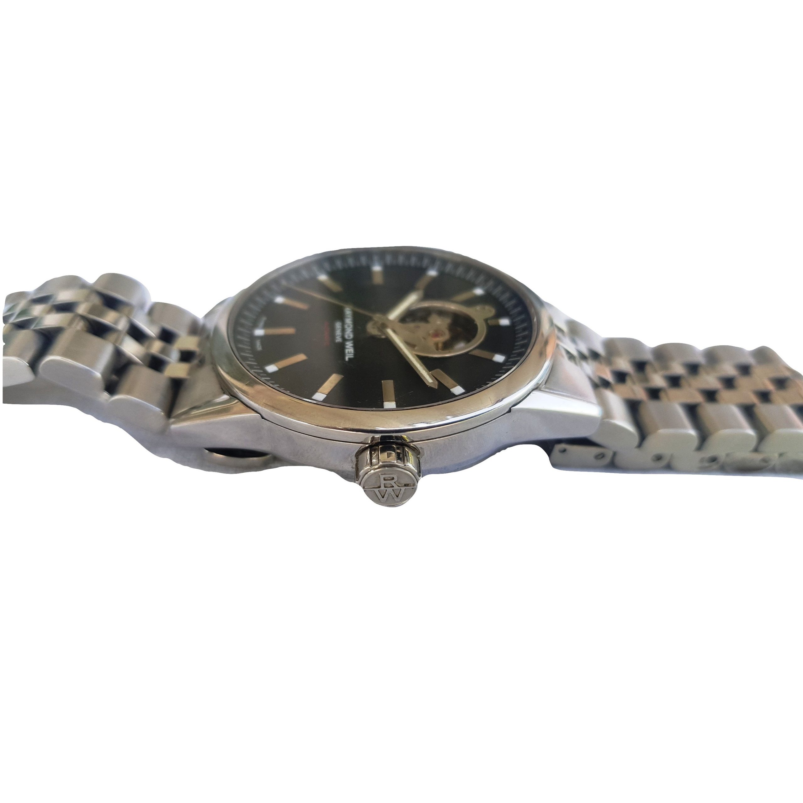 raymond weil-skeleton-42mm-2710-automatic-glass back-black dial-metal chain-mens watch-sapphire crystal-luxury watches-swiss watch-genuine watch-pre owned watch (5)