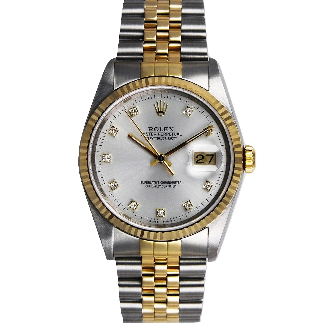 rolex-datejust-36mm-16233-jubilee bracelet-automatic-silver diamond dial-fluted bezel-sapphire crystal-metal chain-Gold Steel bracelet-mens watch-luxury watches-swiss watch(10)