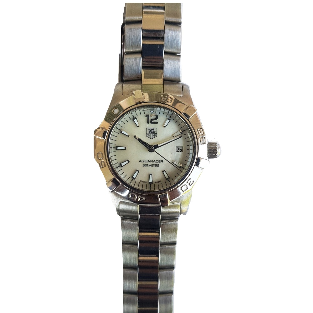 tag heuer-aquaracer-rbj8763-quartz-white dial-mother of pearl-mop-mop dial-rotating bezel-metal chain-ladies watch-sapphire crystal-luxury genuine watch-pre owned watch (2)