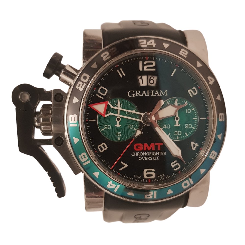 graham-chronofighter-GMT-ceramic bezel-green dial-tickinghands-preowned (2)