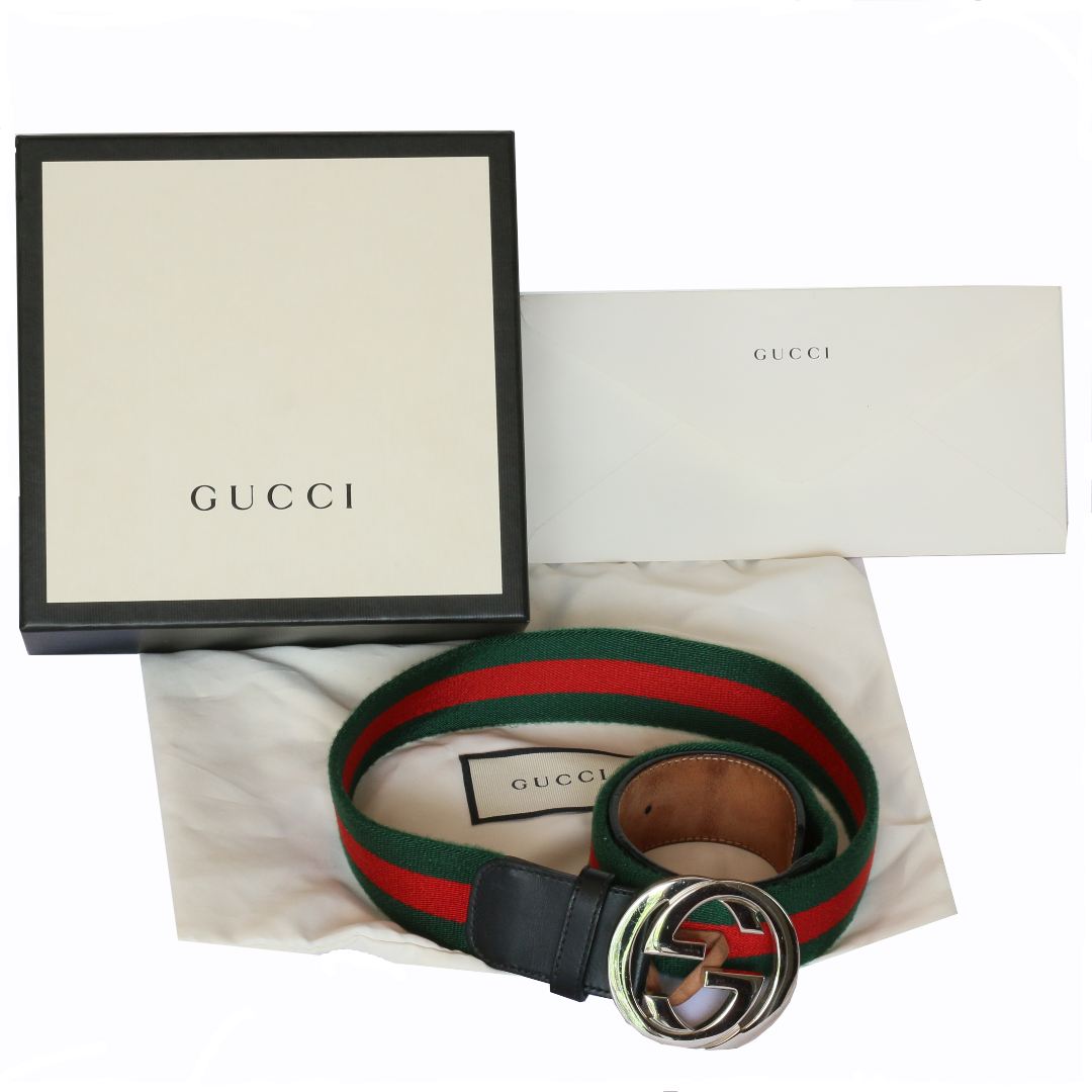 Gucci Red/Green Canvas And Leather Web Interlocking G Buckle Belt 95CM ...