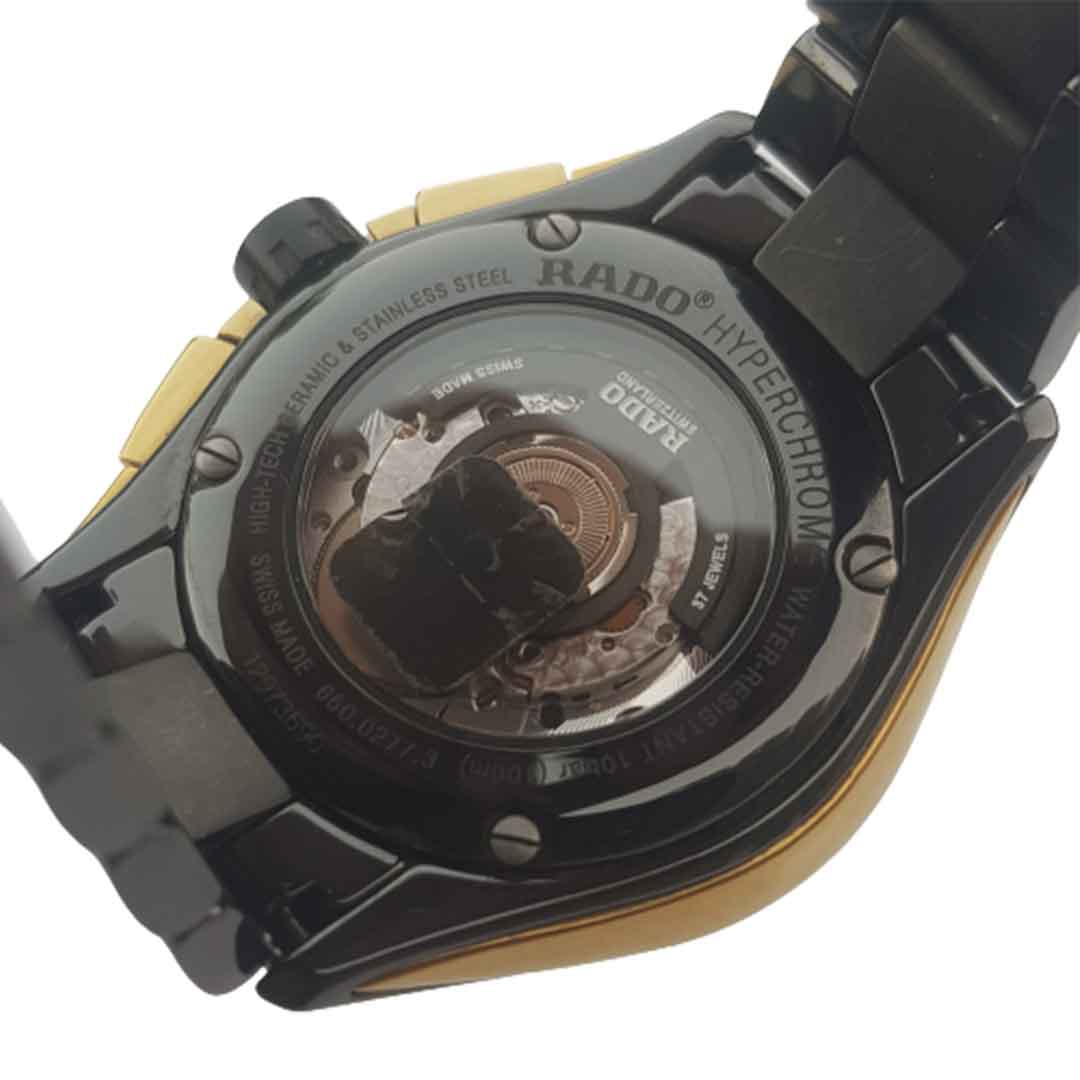 Rado-Hyperchrome-Black-Gold-chronograph-automatic-preowned-watch-ticking-hands-1