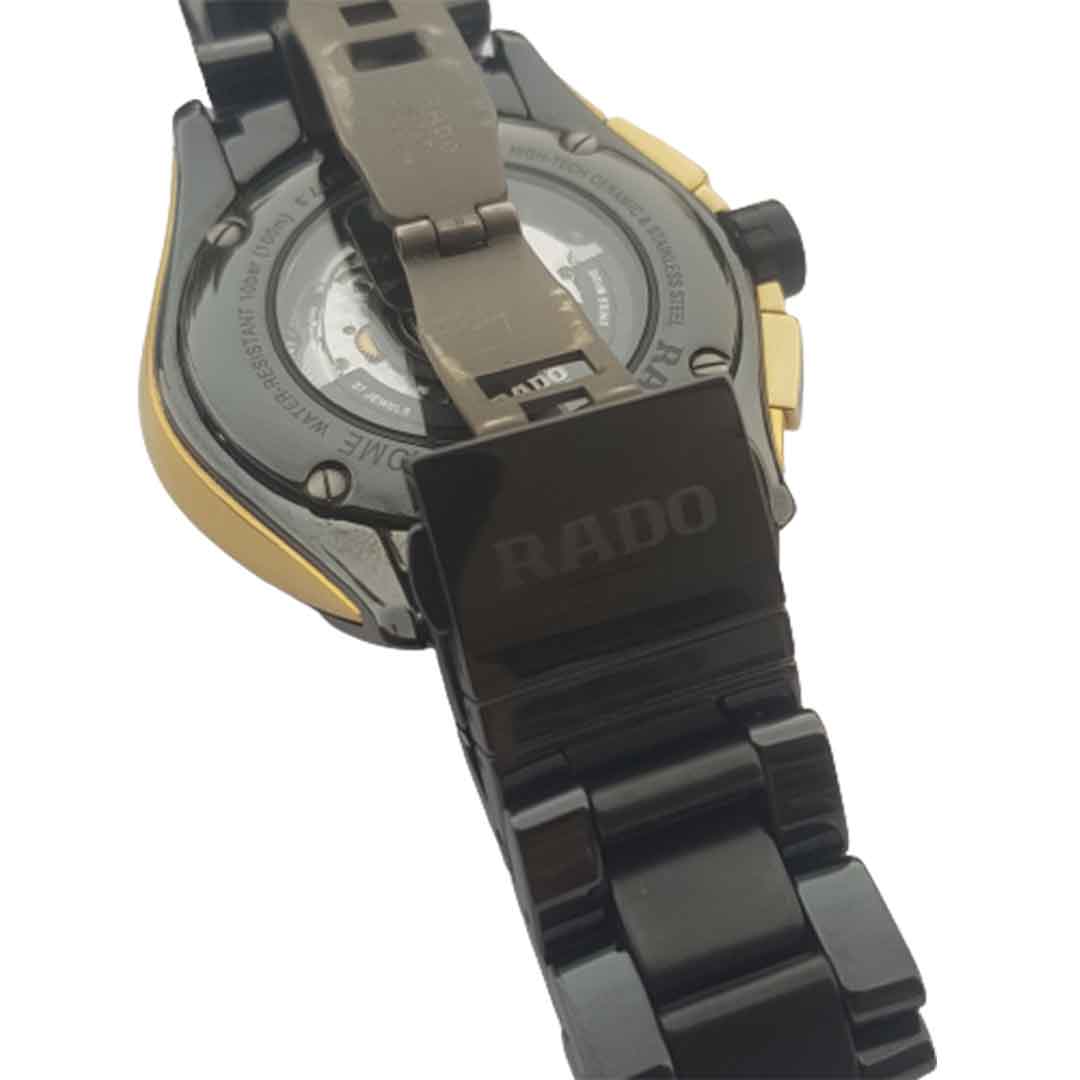 Rado-Hyperchrome-Black-Gold-chronograph-automatic-preowned-watch-ticking-hands-2