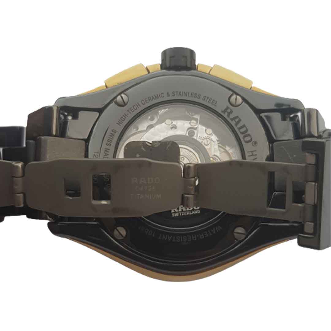 Rado-Hyperchrome-Black-Gold-chronograph-automatic-preowned-watch-ticking-hands-3