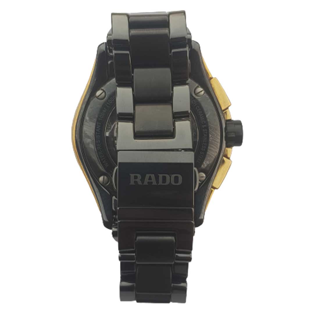 Rado-Hyperchrome-Black-Gold-chronograph-automatic-preowned-watch-ticking-hands-4
